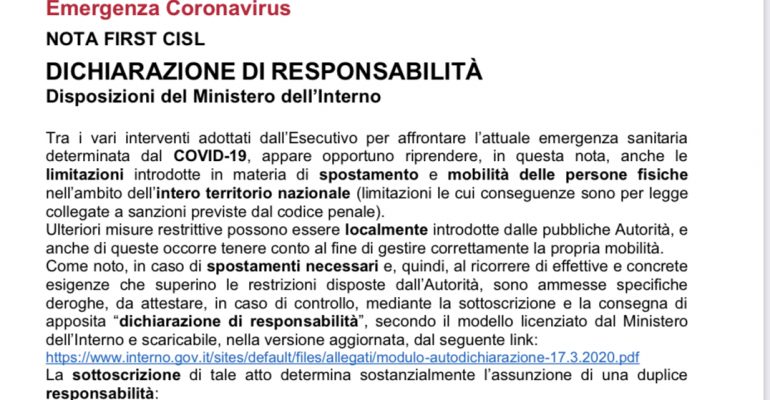 Emergenza Coronavirus: Dichiarazione Di Responsabilità