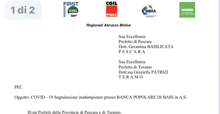Banca Pop. Bari: segnalazione inadempimenti Covid-19
