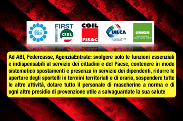 Coronavirus: sindacati ad ABI, FEDERCASSE e ADER solo servizi essenziali