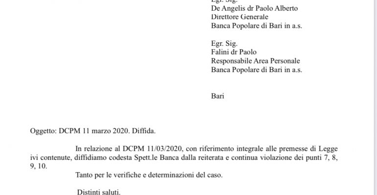 Diffida alla Banca Popolare Di Bari
