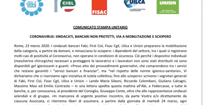 Coronavirus: Bancari Non Protetti – Sindacati Via A Mobilitazione E Sciopero