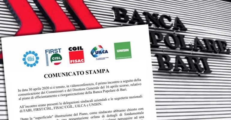Popolare di Bari, i sindacati, no ai tagli, serve discontinuità