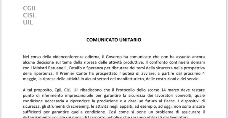 Comunicato unitario 22/04/2020