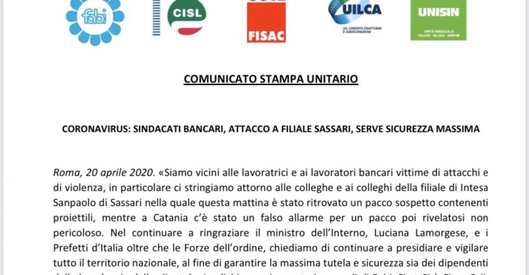 Comunicato unitario su attacco a filiale di Sassari