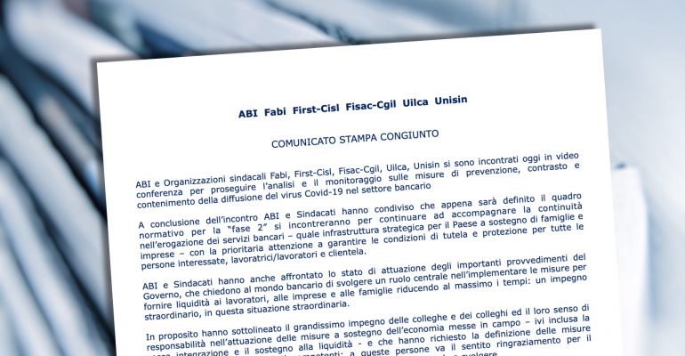 Coronavirus, comunicato congiunto Abi sindacati a seguito dell’incontro odierno