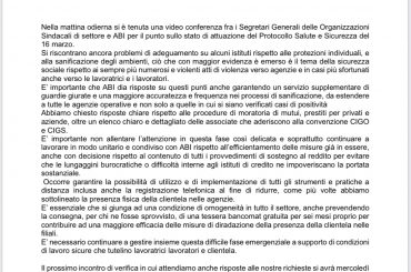 Emergenza Covid-19: Vertice Sigle Sindacali Con ABI