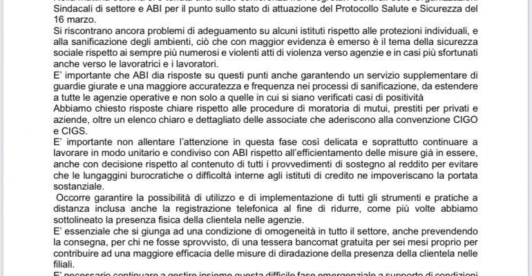 Emergenza Covid-19: Vertice Sigle Sindacali Con ABI