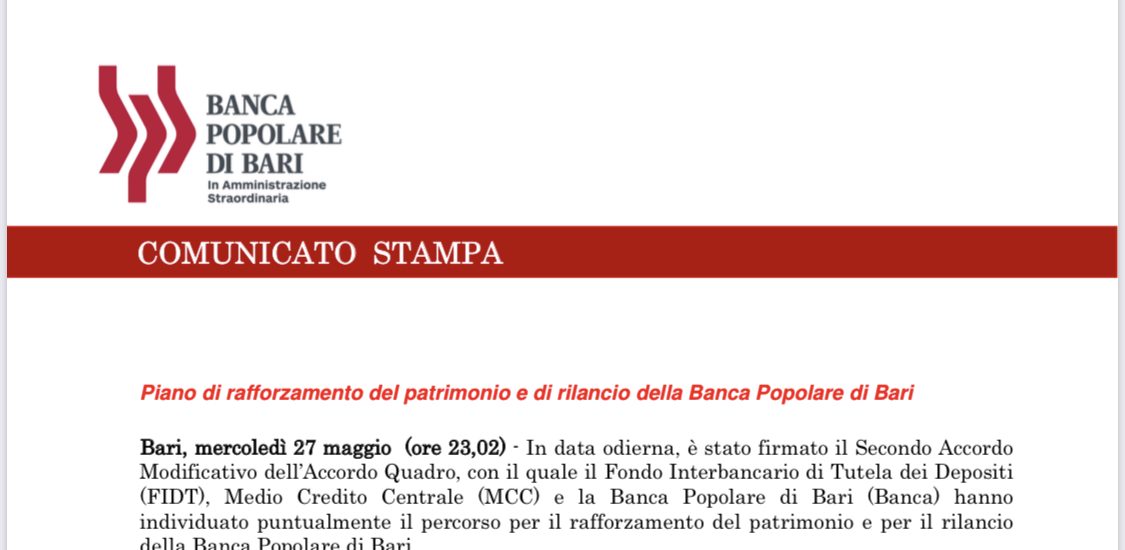 Comunicato Stampa Banca Popolare Di Bari - FIRST Abruzzo ...
