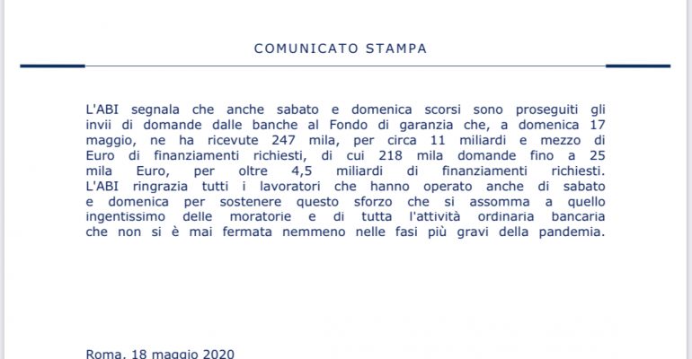 Comunicato Stampa ABI del 18 Maggio 2020