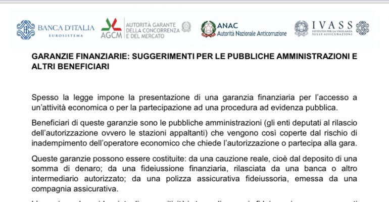 Garanzie Finanziarie: suggerimenti per le pubbliche amministrazioni e altri beneficiari