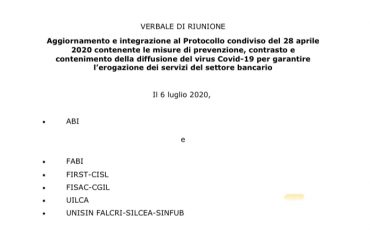 Aggiornamento ed integrazione del protocollo condiviso emergenza Covid-19 per i Bancari