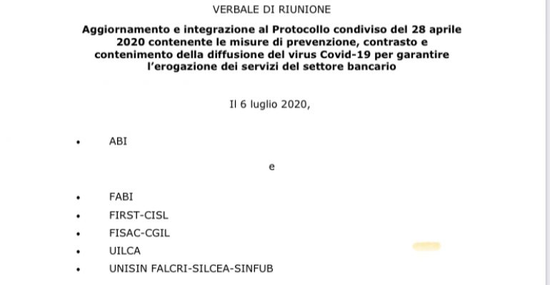 Aggiornamento ed integrazione del protocollo condiviso emergenza Covid-19 per i Bancari