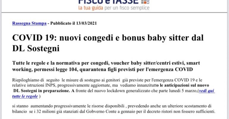 Covid 19: Nuovi Congedi e Bonus Baby Sitter