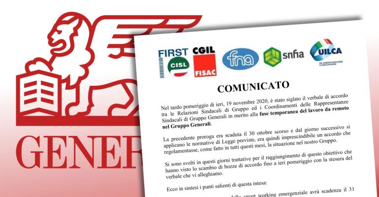 Gruppo Generali, proroga accordo per il lavoro da remoto