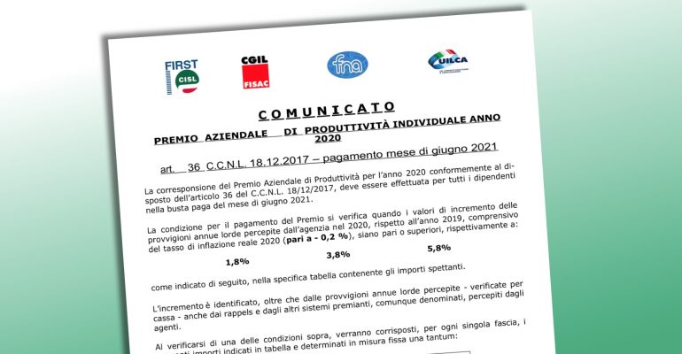 Premio Aziendale di Produttività 2020 delle agenzia di assicurazione in gestione libera, sindacati in campo per riconoscimento in busta di Giugno