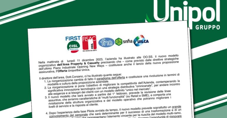 Gruppo Unipol, riorganizzazione property & casualty