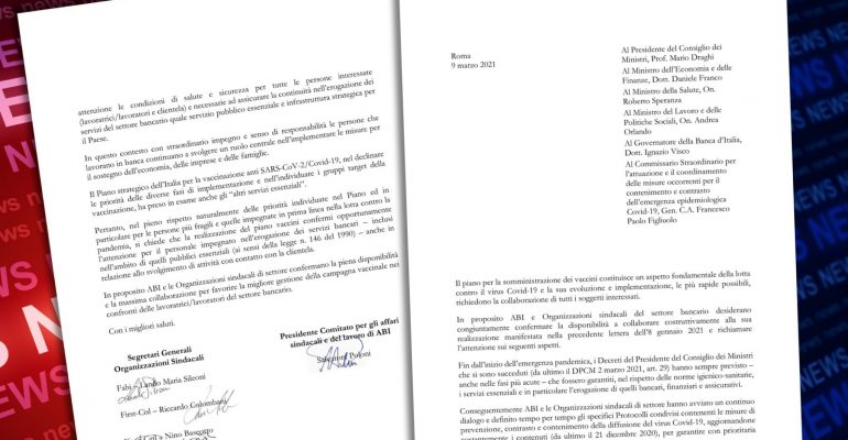 Coronavirus, Abi e Sindacati scrivono al Governo in merito al piano vaccinale