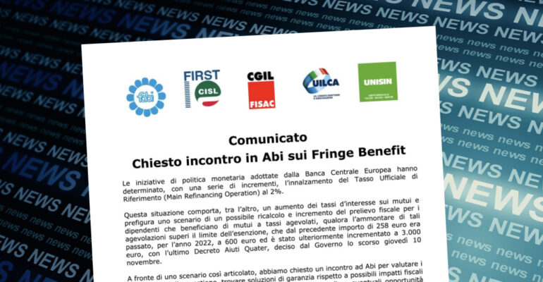 Chiesto incontro in ABI sui fringe benefits. Comunicato unitario dei segretari generali