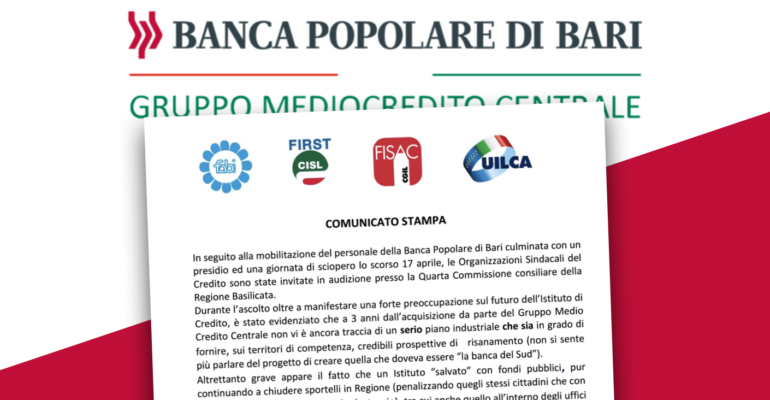 Popolare di Bari, i sindacati chiedono il coinvolgimento della Regione Basilicata