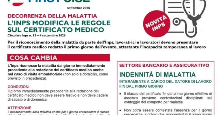 Malattia, nuove regole Inps sul certificato medico. Ecco la guida First Cisl