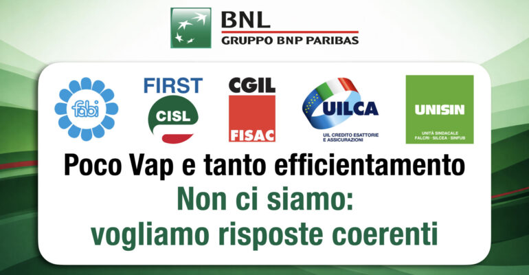 Bnl, i sindacati: poco Vap e tanto efficientamento