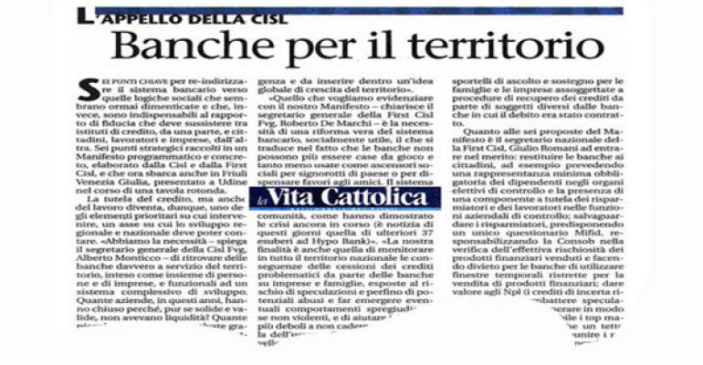 La Vita Cattolica, le banche tornino a essere vera espressione del territorio