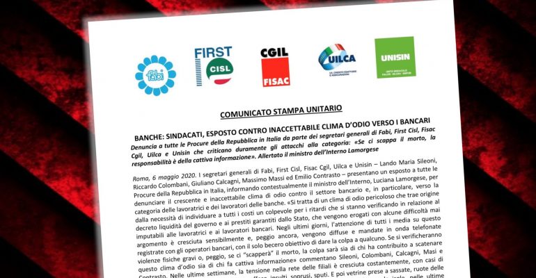 Banche, sindacati, esposto contro inaccettabile clima d’odio verso i bancari