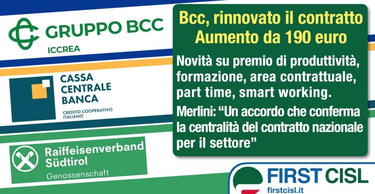 Credito cooperativo, rinnovato il contratto. Aumento da 190 euro