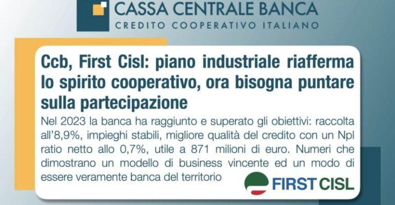 Ccb, First Cisl: piano industriale riafferma lo spirito cooperativo, ora bisogna puntare sulla partecipazione