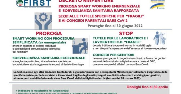 Cessazione stato di emergenza, le novità per i lavoratori nell’approfondimento First Cisl