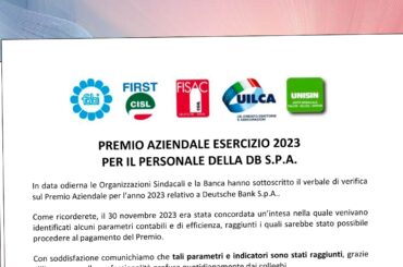 Premio aziendale esercizio 2023 per il personale della DB S.p.A.