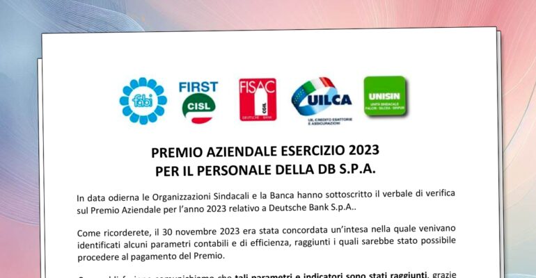 Premio aziendale esercizio 2023 per il personale della DB S.p.A.