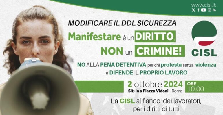 Cisl: “Modificare Ddl Sicurezza. Manifestare è un diritto, non un crimine”. Il 2 ottobre sit-in a Roma