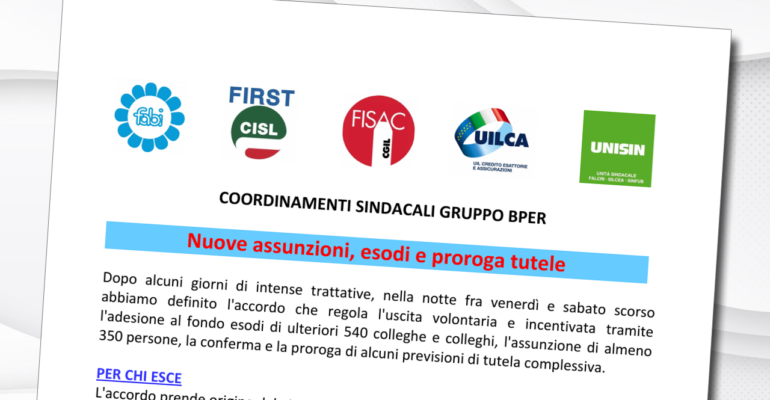 Gruppo BPER: firmato accordo manovra sul personale e premio aziendale