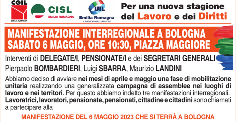 Mobilitazione di Cgil, Cisl e Uil sabato 6 maggio a Bologna