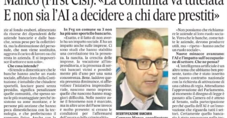 Intervista del segretario generale First Cisl FVG sulla desertificazione bancaria in regione