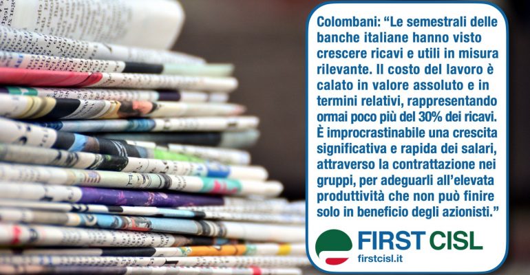 First Cisl ok conti banche. Colombani ai giornali: salari e potere d’acquisto principali argomenti contrattuali