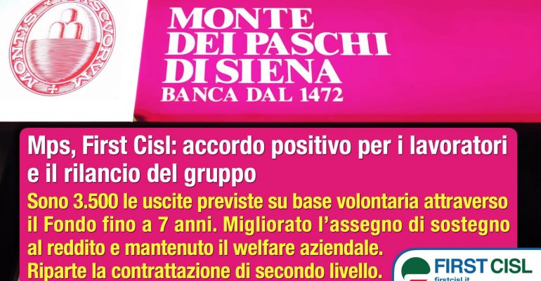Mps, First Cisl, accordo positivo per i lavoratori e il rilancio del gruppo