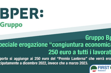Gruppo Bper, First Cisl: accordo positivo su bonus inflazione, ai lavoratori 500 euro