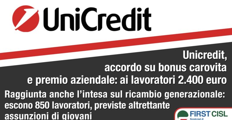 Unicredit, accordo su bonus carovita e premio aziendale: ai lavoratori 2.400 euro