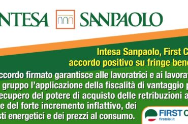 Intesa Sanpaolo, First Cisl: accordo positivo su fringe benefit