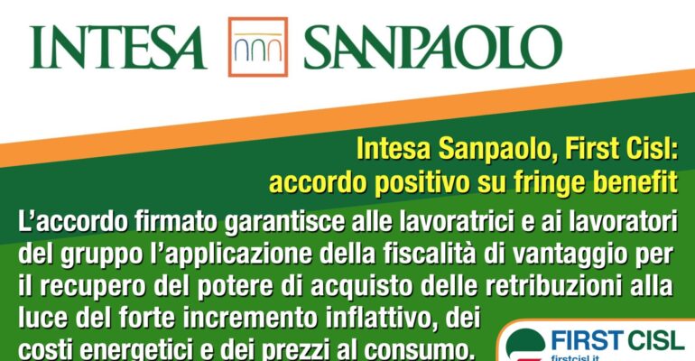 Intesa Sanpaolo, First Cisl: accordo positivo su fringe benefit
