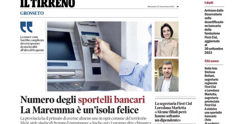 Numero degli sportelli bancari in Maremma, i dati First Cisl sul Tirreno