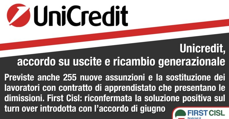 Unicredit, firmato accordo su uscite e ricambio generazionale