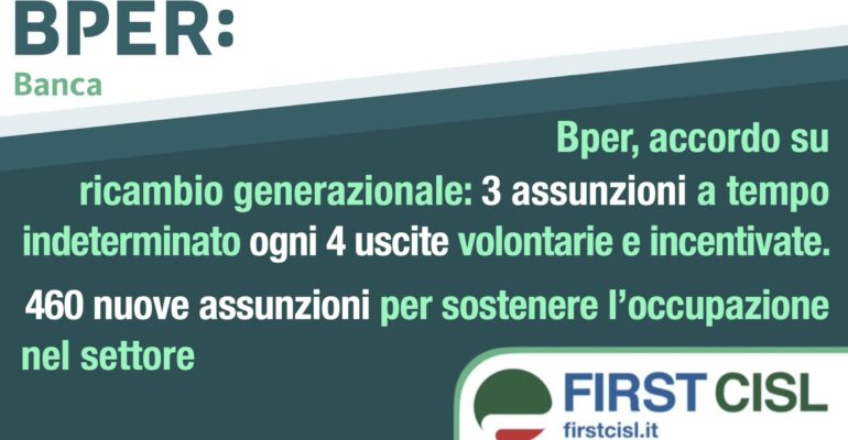 Bper, accordo su ricambio generazionale, 460 nuove assunzioni per sostenere l’occupazione nel settore