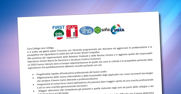 Comunicato Sindacale incontro con Azienda sul Call Center Sinistri Unipolsai