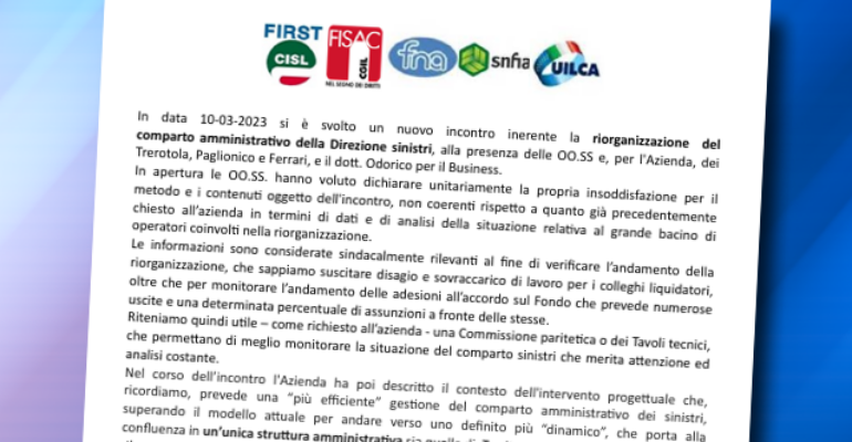Riorganizzazione del comparto amministrativo della Direzione Sinistri