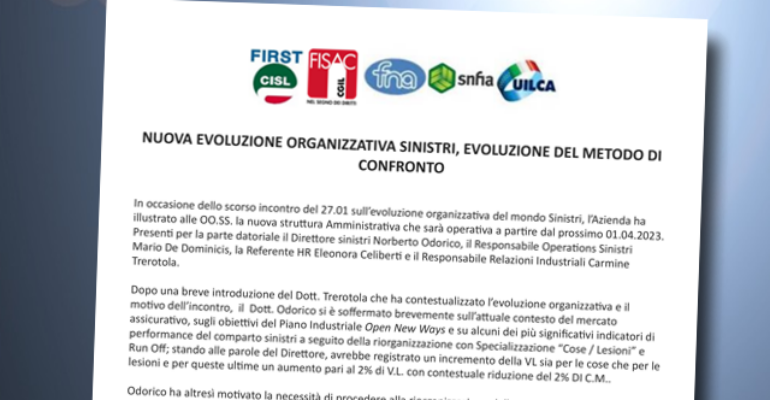 Nuova evoluzione organizzativa Direzione Sinistri, evoluzione del metodo di confronto