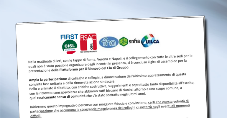 Ampia partecipazione alle Assemblee e prossimo Referendum sulla Piattaforma per il rinnovo del Cia di Gruppo