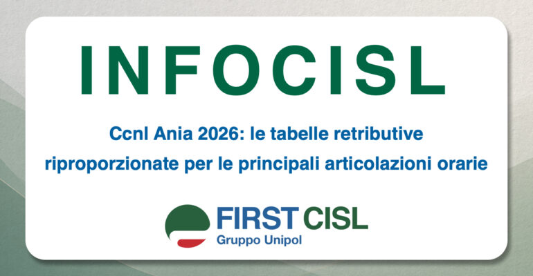 InfoCisl, Ccnl Ania 2026: le tabelle retributive full-time e part-time riproporzionate per le principali articolazioni orarie